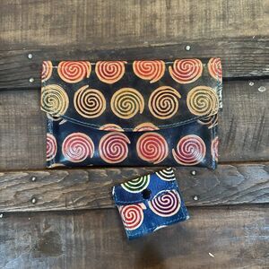 Leather Wallet Embossed Tooled Painted Clutch With Snap Coin Purse